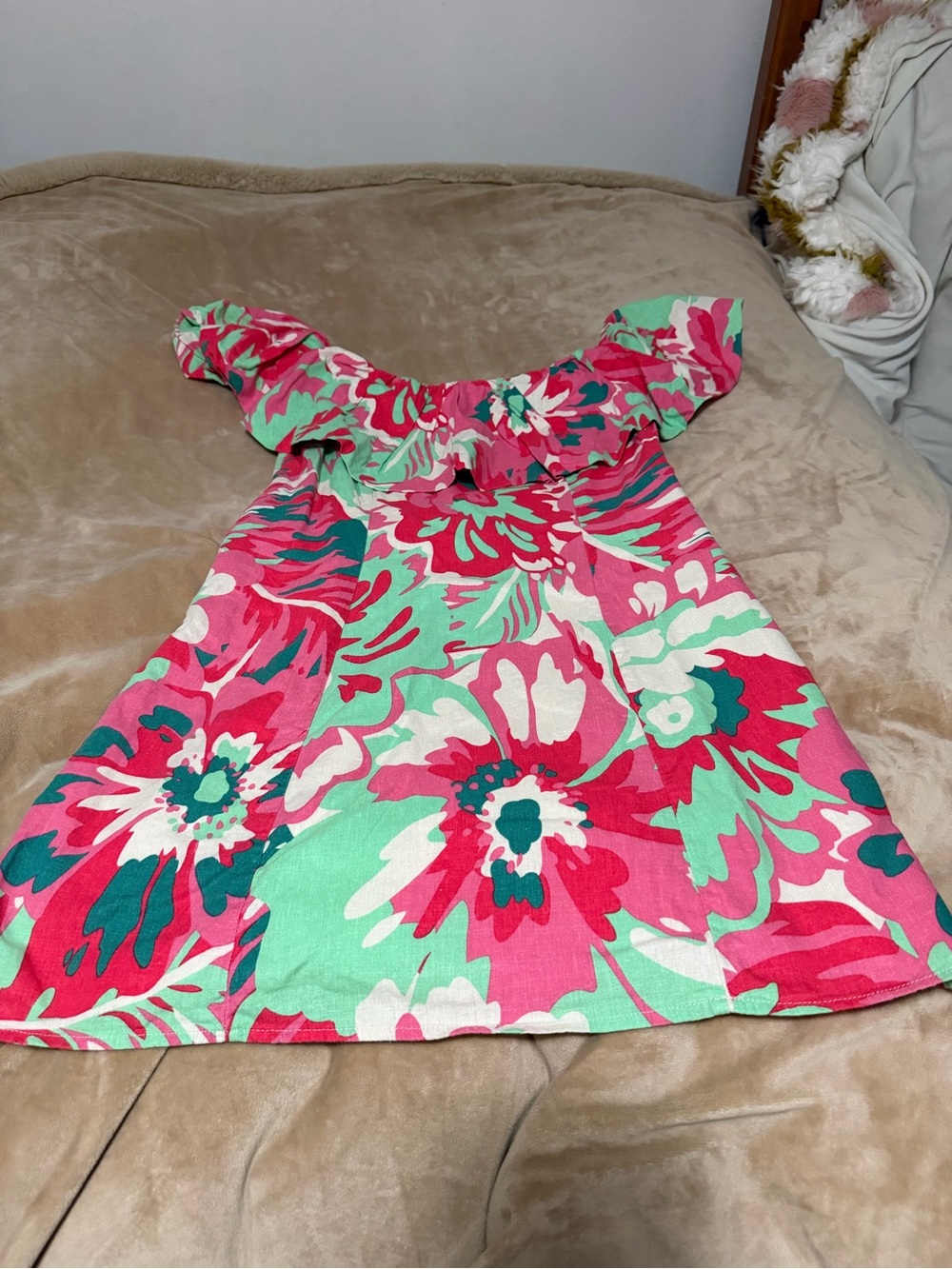 Basement Europe Linen Blend Floral Ruffle Neck Dress Sz Small Resortwear Tropic